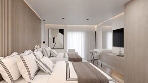 Una habitación de hotel moderna con una cama grande, un escritorio y un televisor.