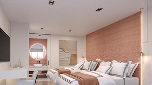 Een moderne slaapkamer met een groot bed, nachtkastjes en een ingebouwde bank.
