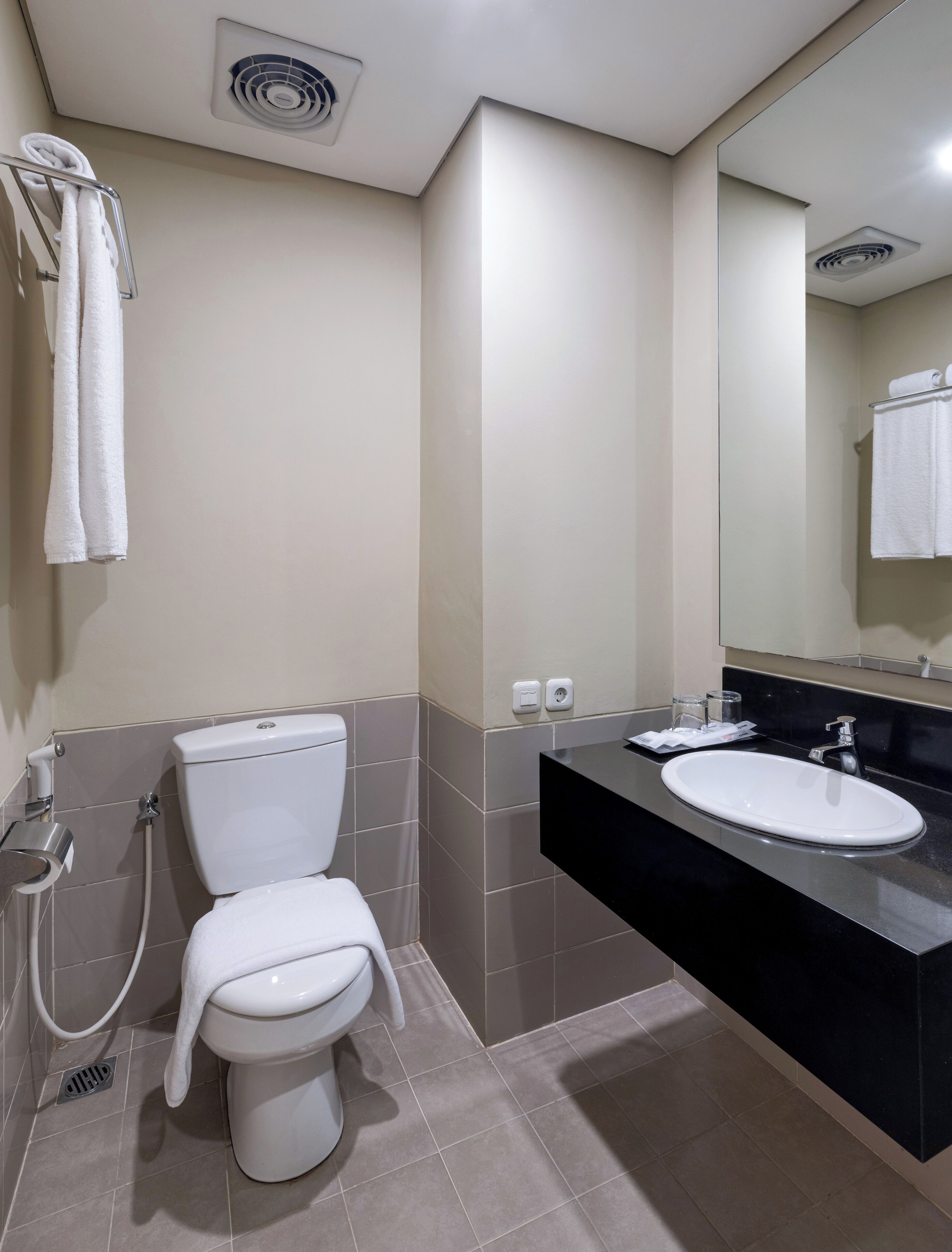 Un bany modern amb un vàter blanc, un lavabo negre i un mirall.