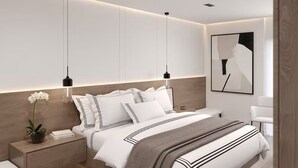 Un dormitorio moderno con cabecera de madera, una mesita de noche con una planta, una lámpara de noche y un cuadro abstracto grande en la pared.