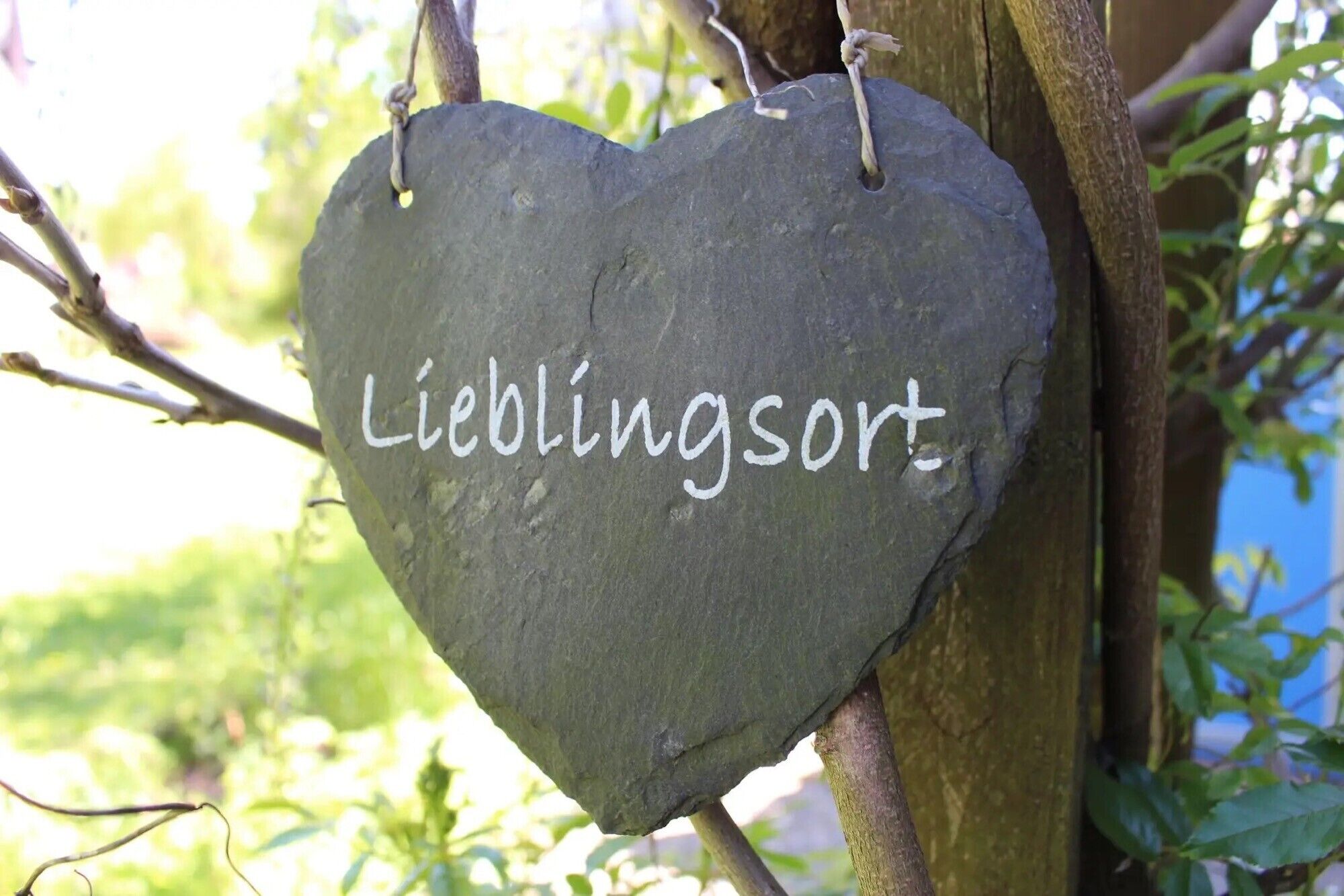 Une pierre en forme de cœur sur laquelle est inscrit le mot « Lieblingsort », suspendue à une branche d’arbre.