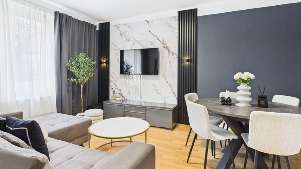 A modern living room with a sofa, dining table, chairs, a TV, and a plant.