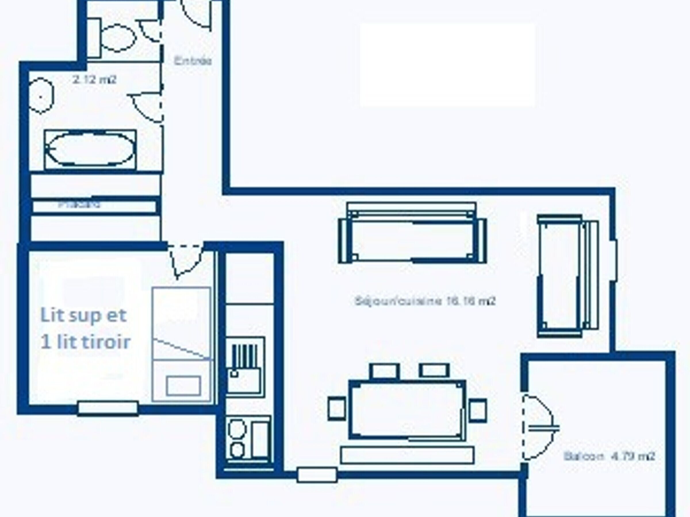 A hotel room layout with a balcony, kitchenette, and a dining area.