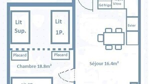 A hotel layout with two bedrooms, a living room, a dining area, and a TV room. - Charming Savoyard apartment for 5 with parking (Aussois)