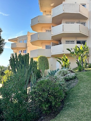 Um edifício de vários andares com varandas, rodeado por diversas plantas e cactos.