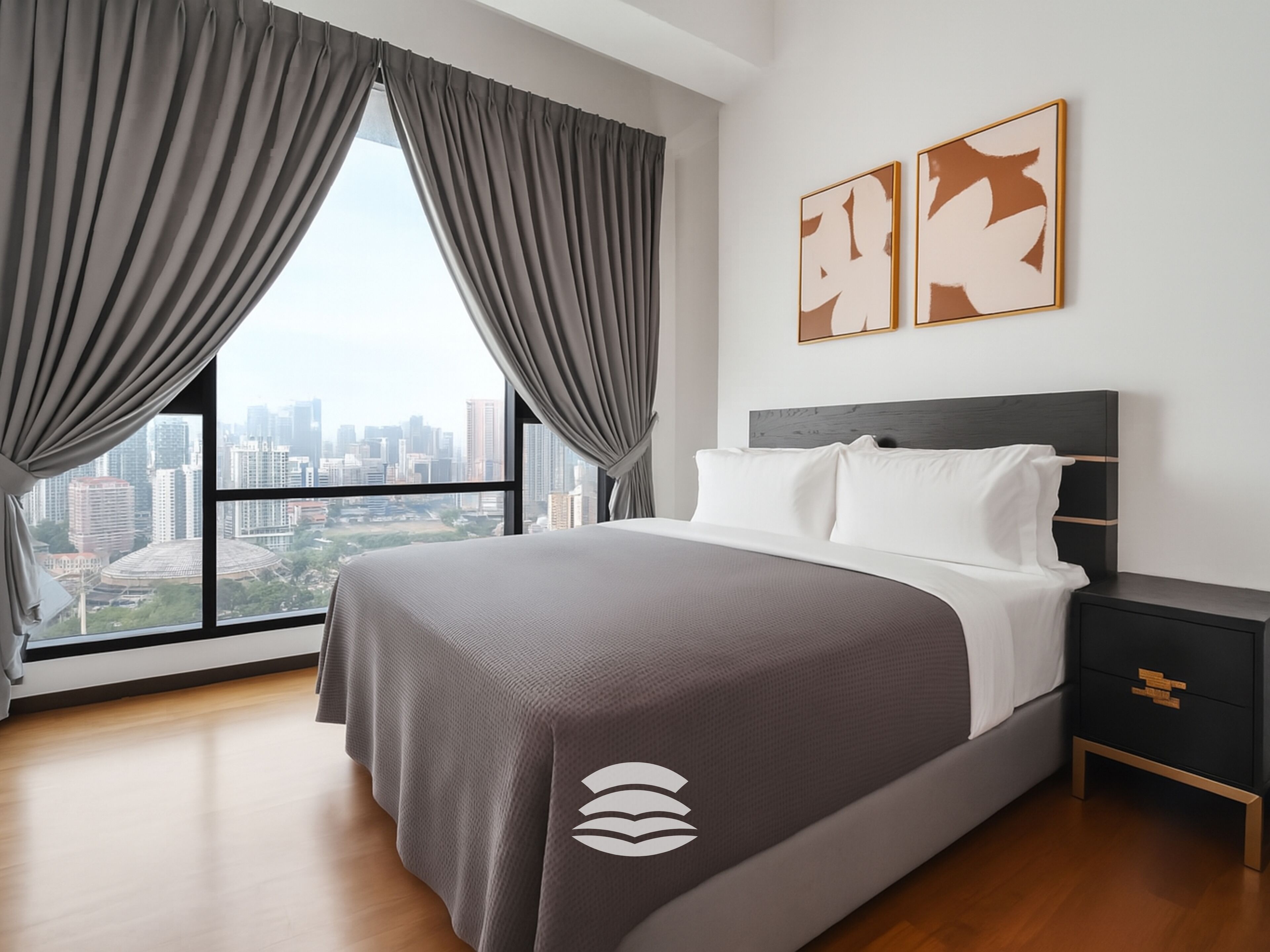 A modern hotel room with a large bed, a nightstand, and a view of the cityscape through floor-to-ceiling windows.