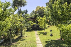 Un sendero conduce a un pabellón en un jardín exuberante, con varios árboles y un camino de piedra.