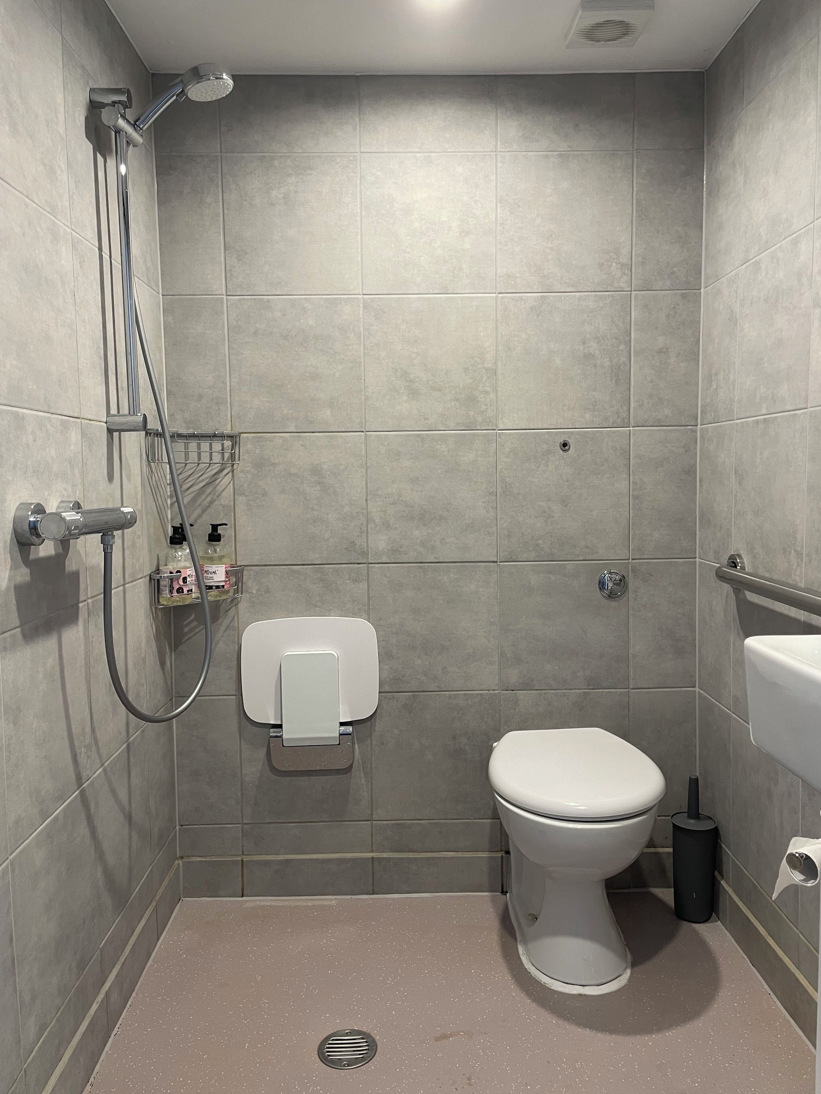 A modern bathroom with a shower, toilet, and sink.