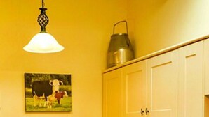 Une cuisine compacte avec des meubles blancs, un four à micro-ondes, une bouilloire et un évier.