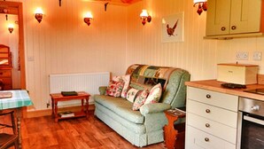 Een gezellige kamer met een houten plafond, een groene bank met bloemenkussens, een houten tafel en een keukenhoek met kasten en een fornuis.