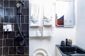 Dusche, Haartrockner, Handtücher, Seife