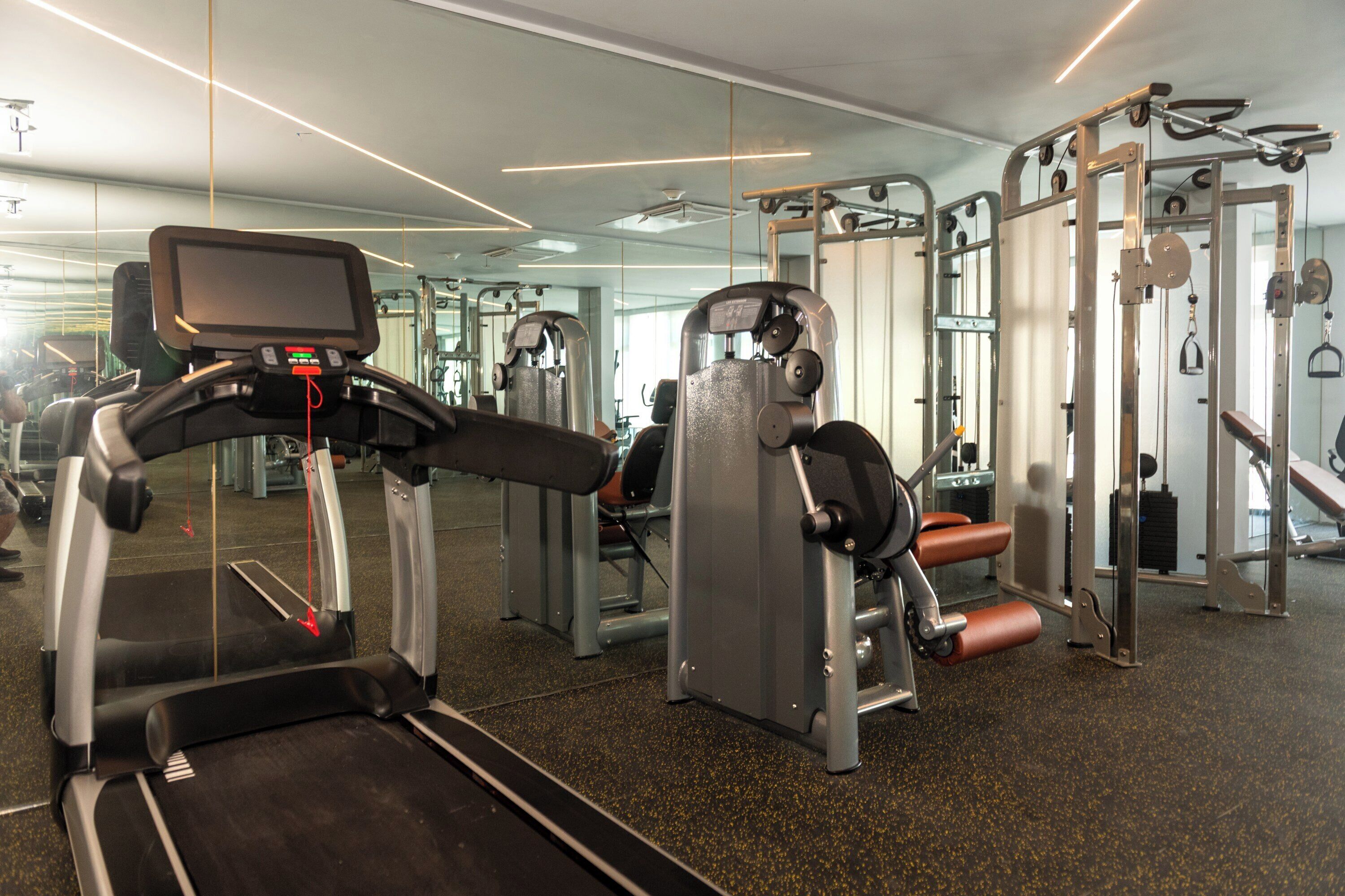 A gym with treadmills, weight machines, and mirrors.