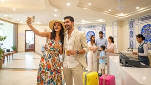 Un couple prend un selfie dans le hall d’un hôtel, avec un comptoir d’accueil, des carreaux décoratifs sur le mur et quelques personnes à l’arrière-plan.