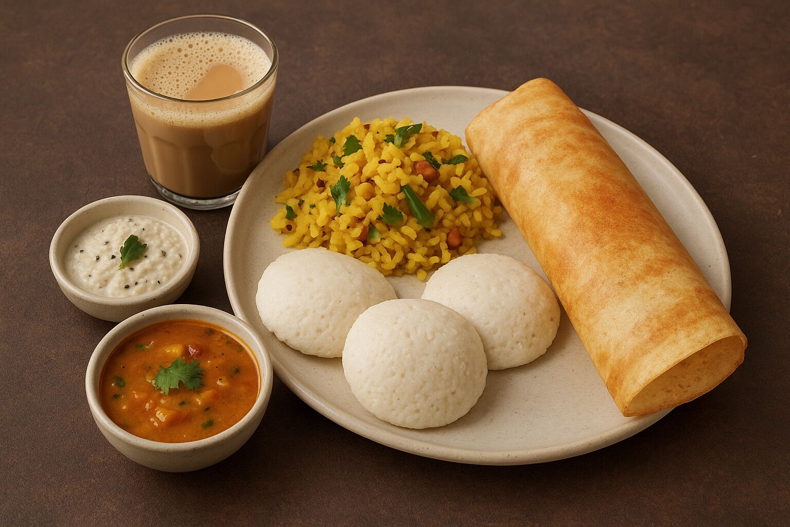 Un plato con un dosa enrollado, tres idlis, un tazón de sambar, un tazón de arroz con guisantes y un vaso de café.