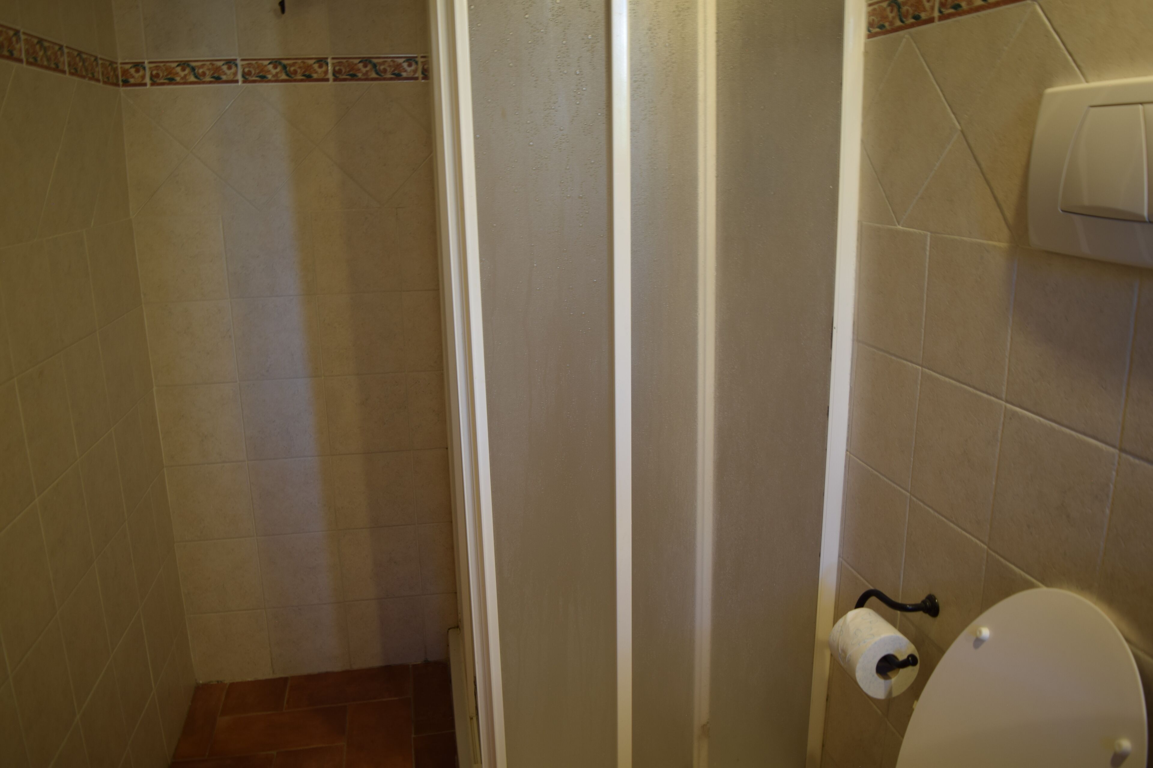 Een badkamer met een toilet, een douche en een toiletrolhouder.