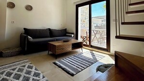 Un salon moderne avec un canapé, une table basse et deux tapis.