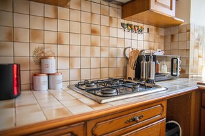 Een magnetron, een oven, een kookplaat, een vaatwasser