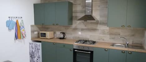 Fridge, microwave, oven, electric kettle