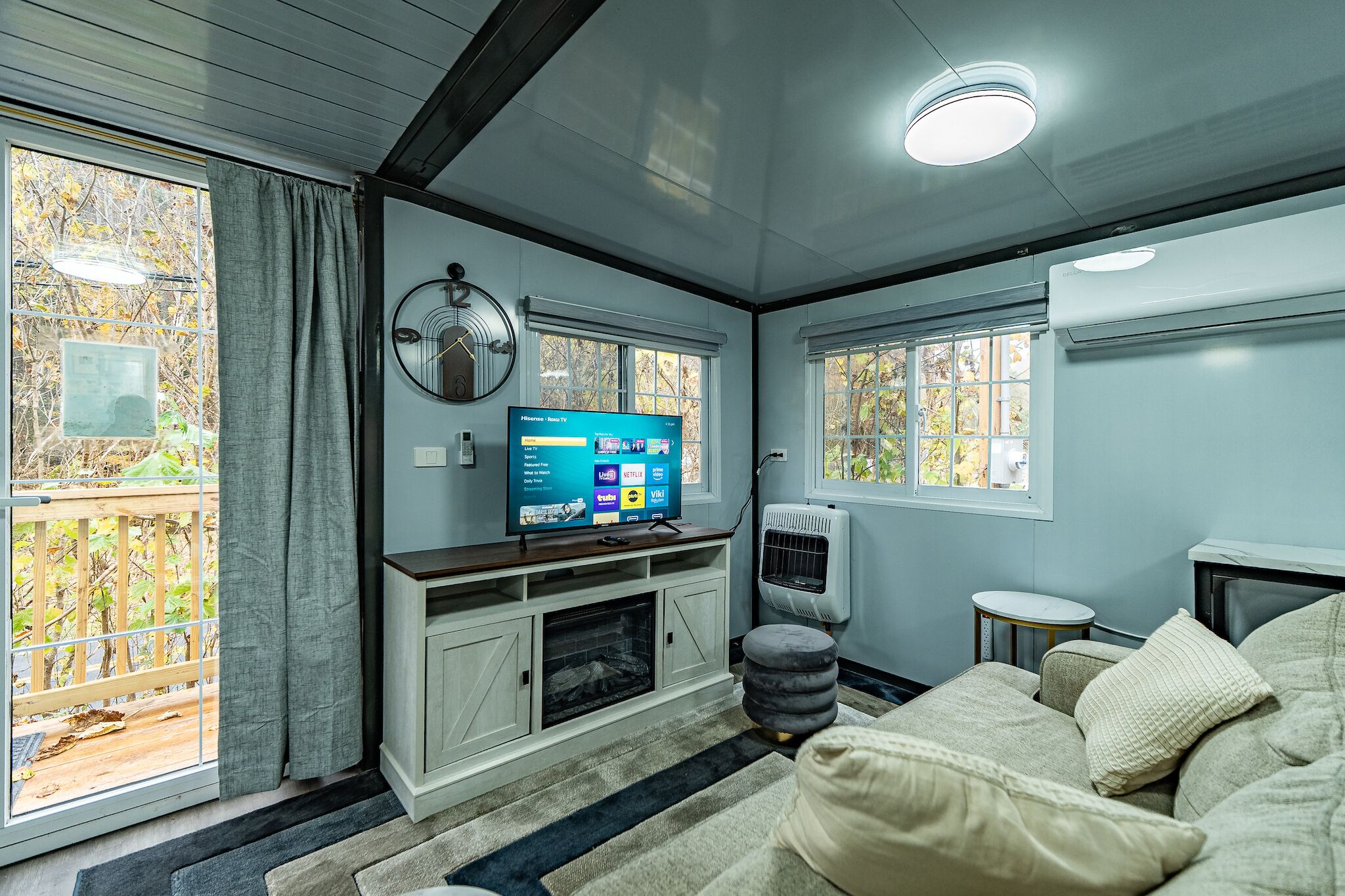 Smart TV, fireplace, books