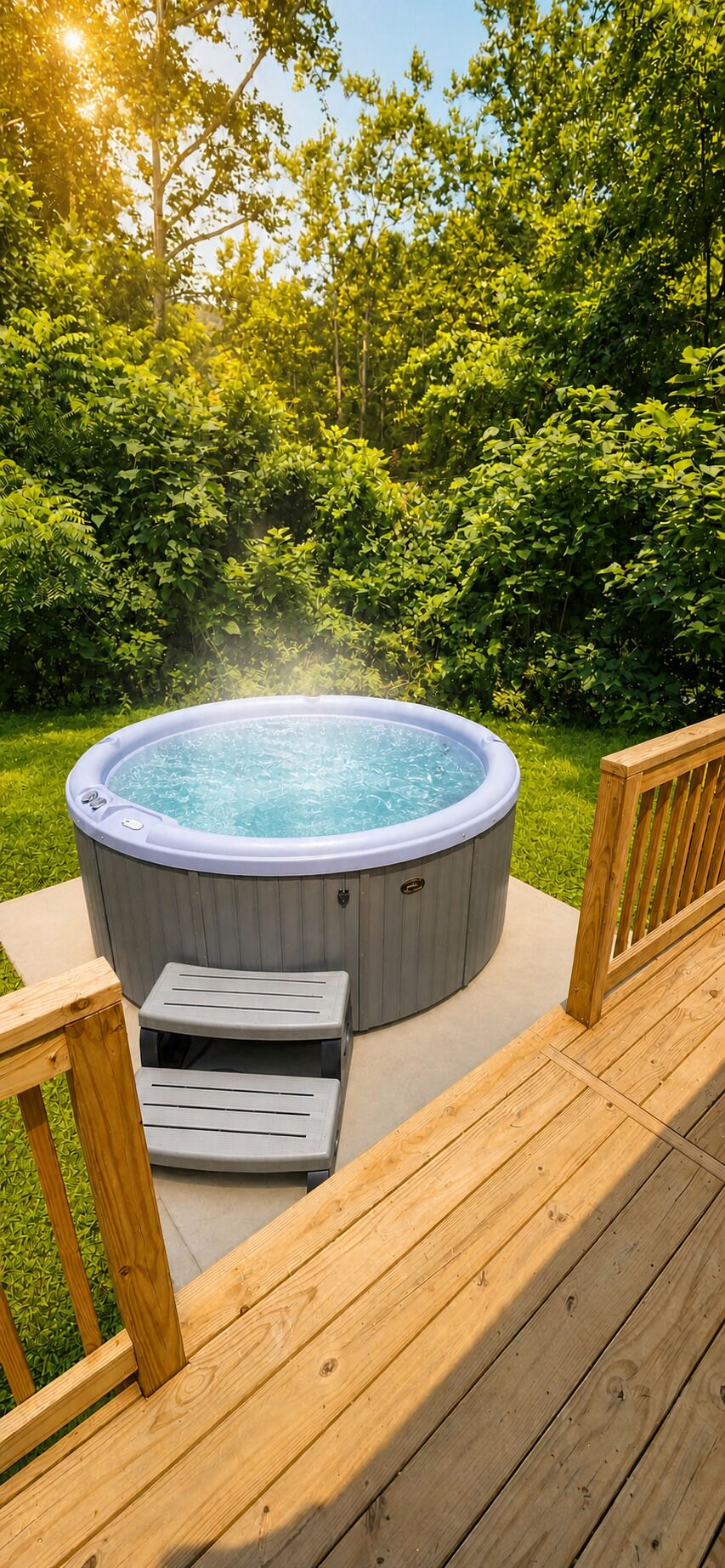 A hot tub on a wooden deck with steps leading up to it, surrounded by lush greenery.
