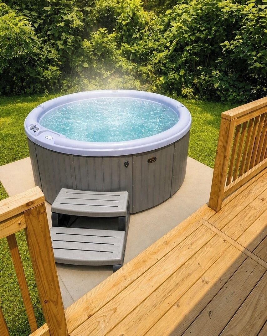 Un bain à remous sur une terrasse en bois, accessible par des marches.