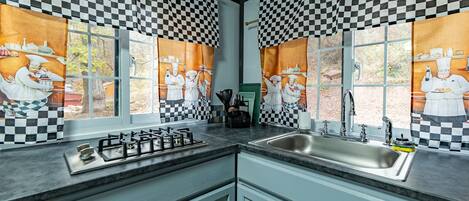 Fridge, oven, stovetop, coffee/tea maker