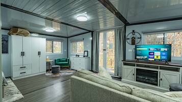 TV connectée, cheminée, livres