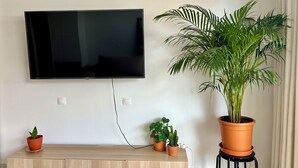 Een woonkamer met een flatscreen televisie aan de muur, een houten kast en verschillende potplanten.