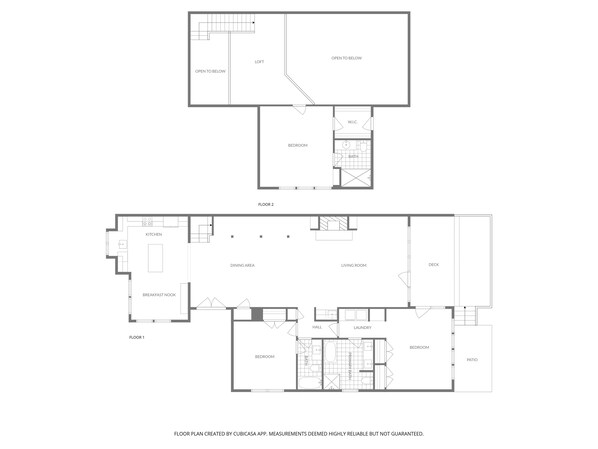 A floor plan with two floors, including a loft, dining area, kitchen, living room, bedrooms, bathroom, hall, laundry, and a patio.