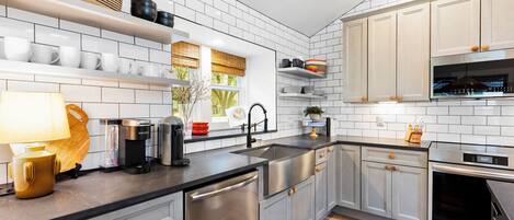 Dishwasher, toaster, cookware/dishes/utensils