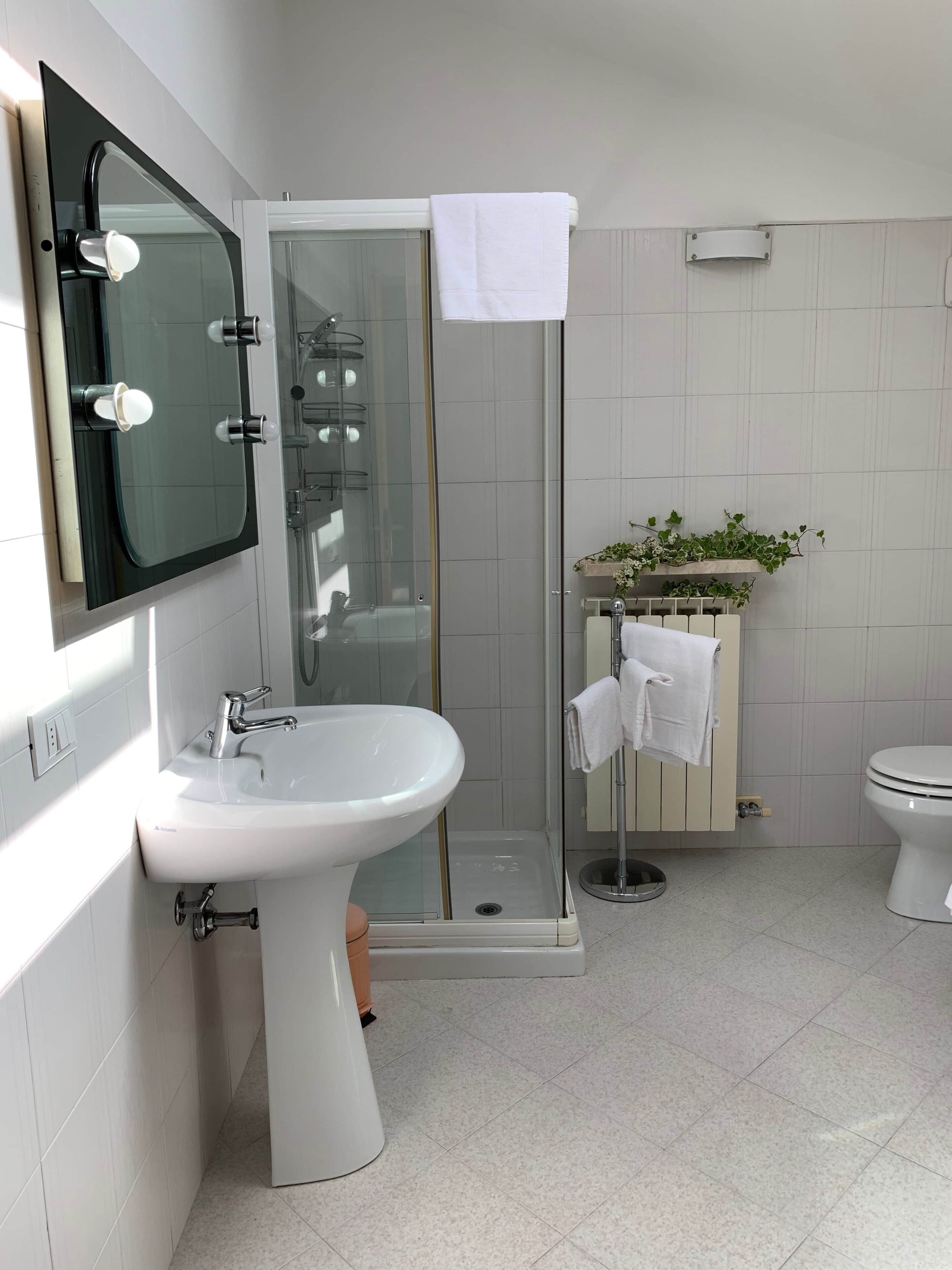 Une salle de bain moderne avec une douche à parois de verre, un lavabo blanc et des toilettes.