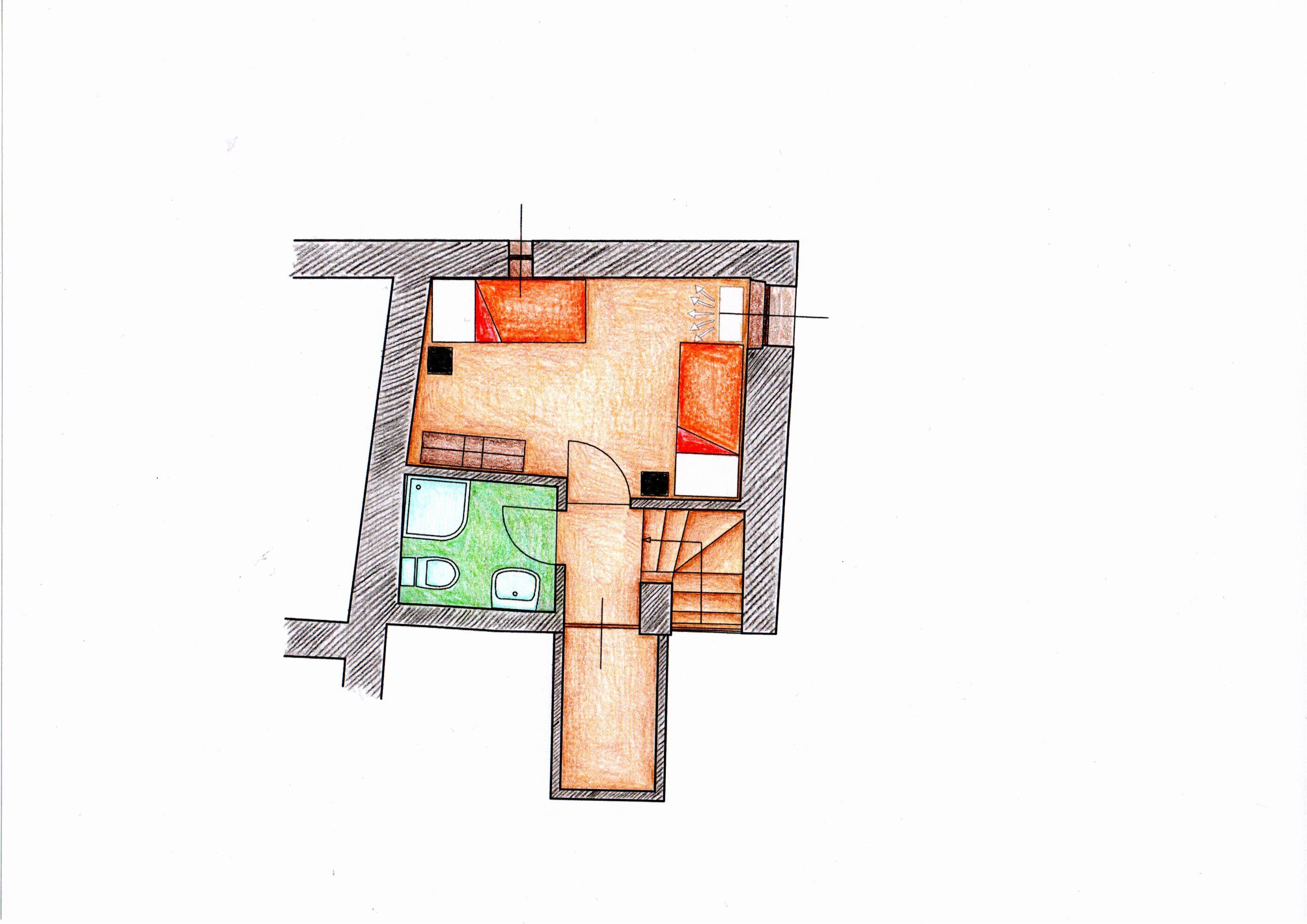Planta baixa com cozinha, sala de jantar e dois quartos.