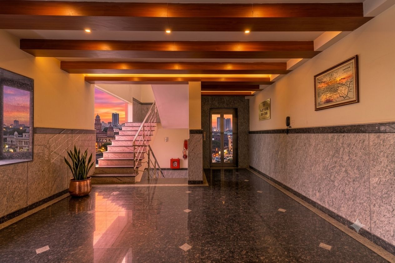 Vestíbulo de hotel con una escalera que sube a un piso superior, un extintor y un mapa enmarcado en la pared.