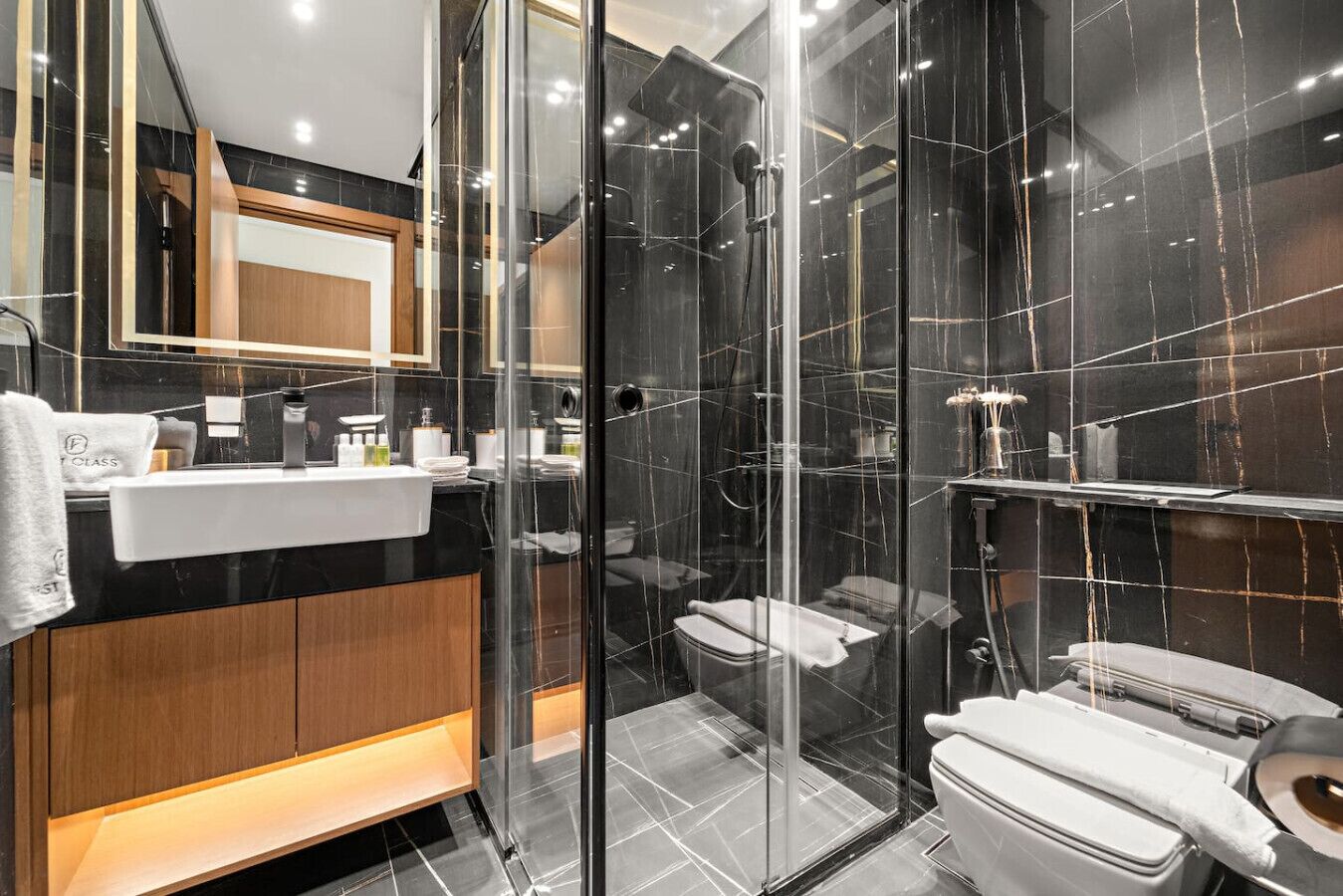 Une salle de bain moderne avec une douche à parois de verre, un meuble-lavabo et des toilettes.