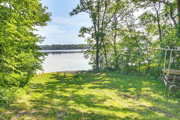 A lakeside park with a bench and a playground. - 'elbow Lake Escape' w/ Dock in Underwood! (Underwood)