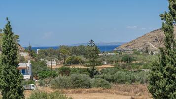 Un paysage rural avec une maison, des arbres et une vue dégagée sur la mer.