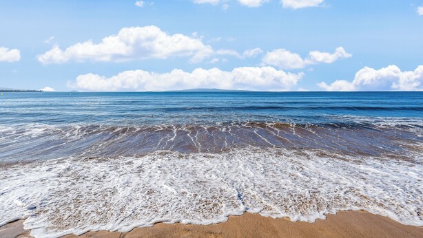 A beach with waves gently lapping onto the shore under a clear sky.
