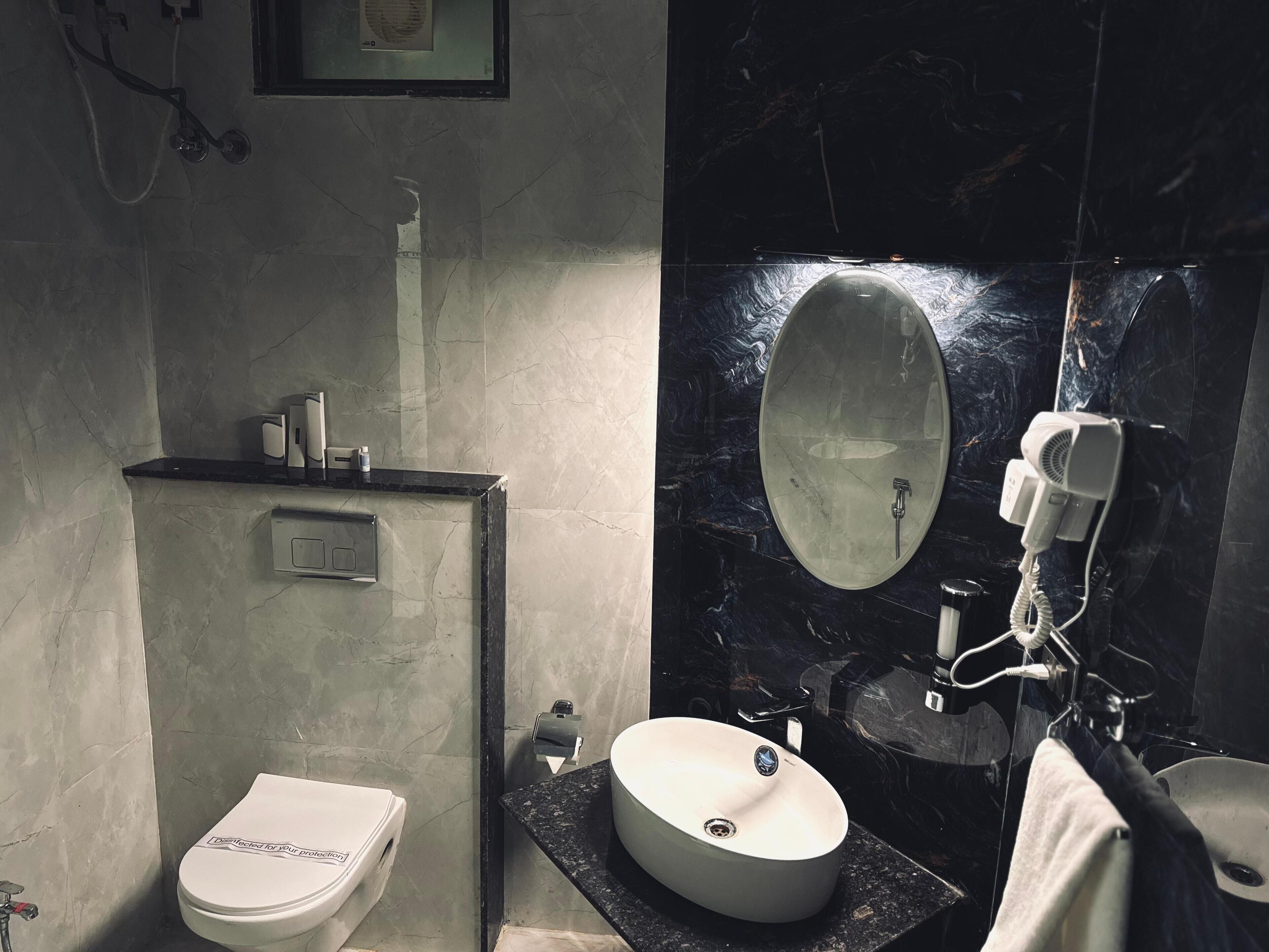 A bathroom with a toilet, a sink, a mirror, and a hairdryer.