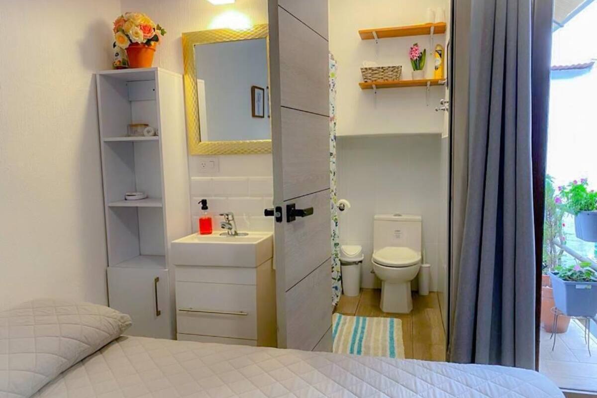 Een slaapkamer met een bed, nachtkastje, kledingkast en een badkamer met toilet, wastafel en douche.