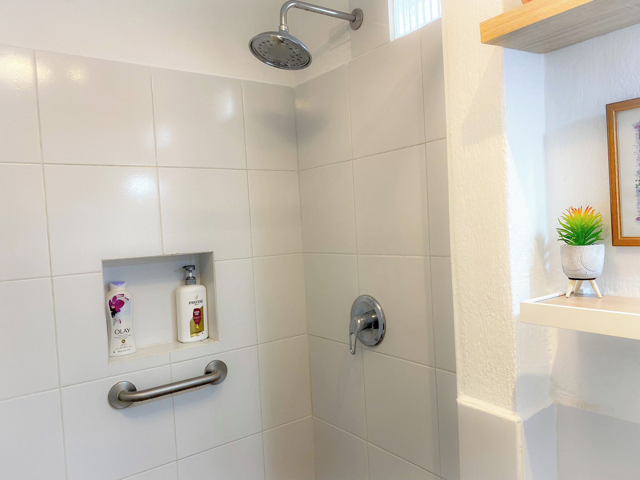 Une douche équipée d’un pommeau de douche à main, d’une barre de douche à main, et d’une étagère sur laquelle sont posés deux flacons de shampoing Pantene et Olay.