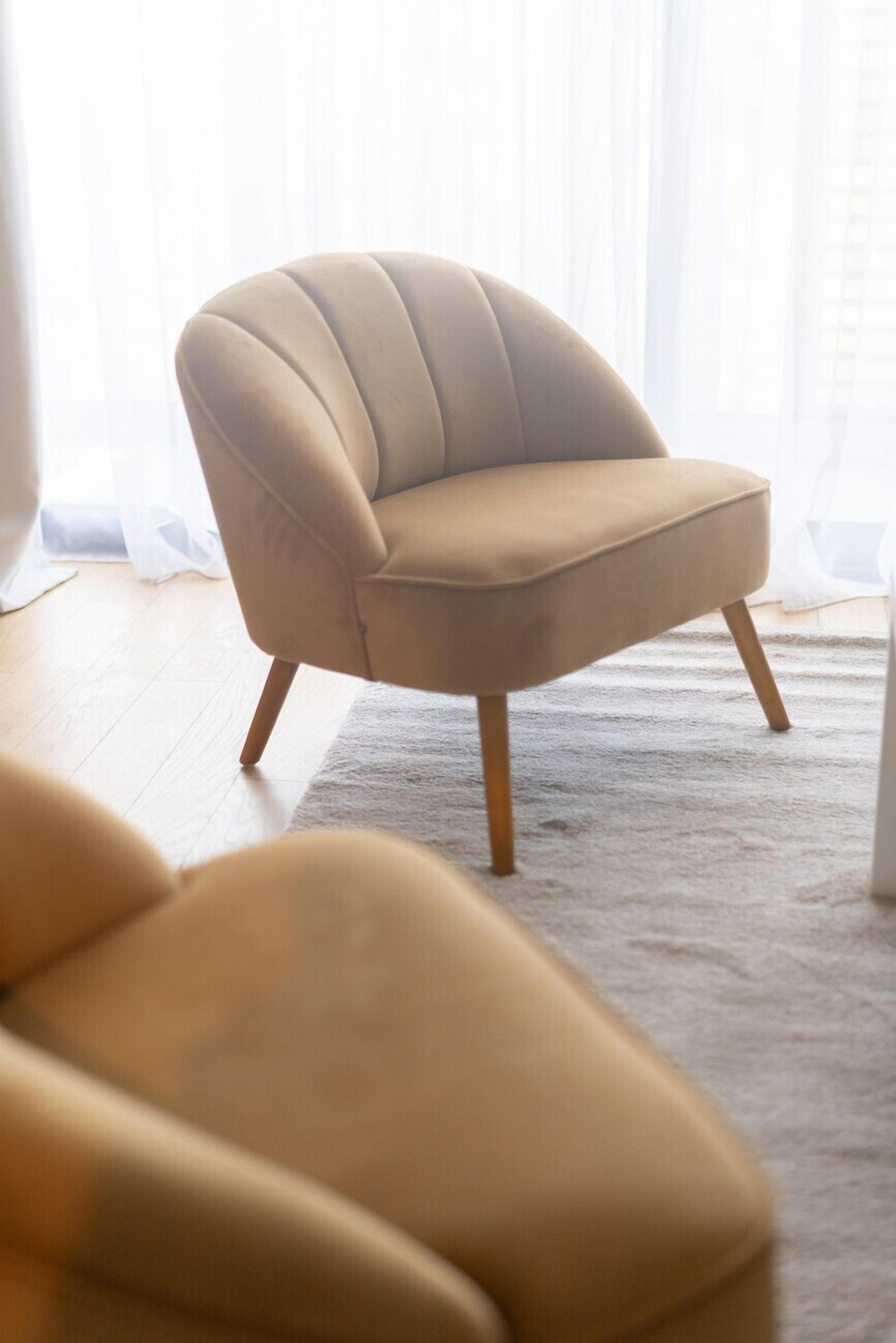 Een moderne fauteuil met houten poten in een goed verlichte kamer met een lichtgekleurd vloerkleed.