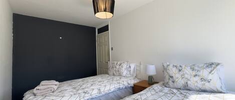 A bedroom with two beds, a dark accent wall, a ceiling light fixture, and a bedside table with a lamp.