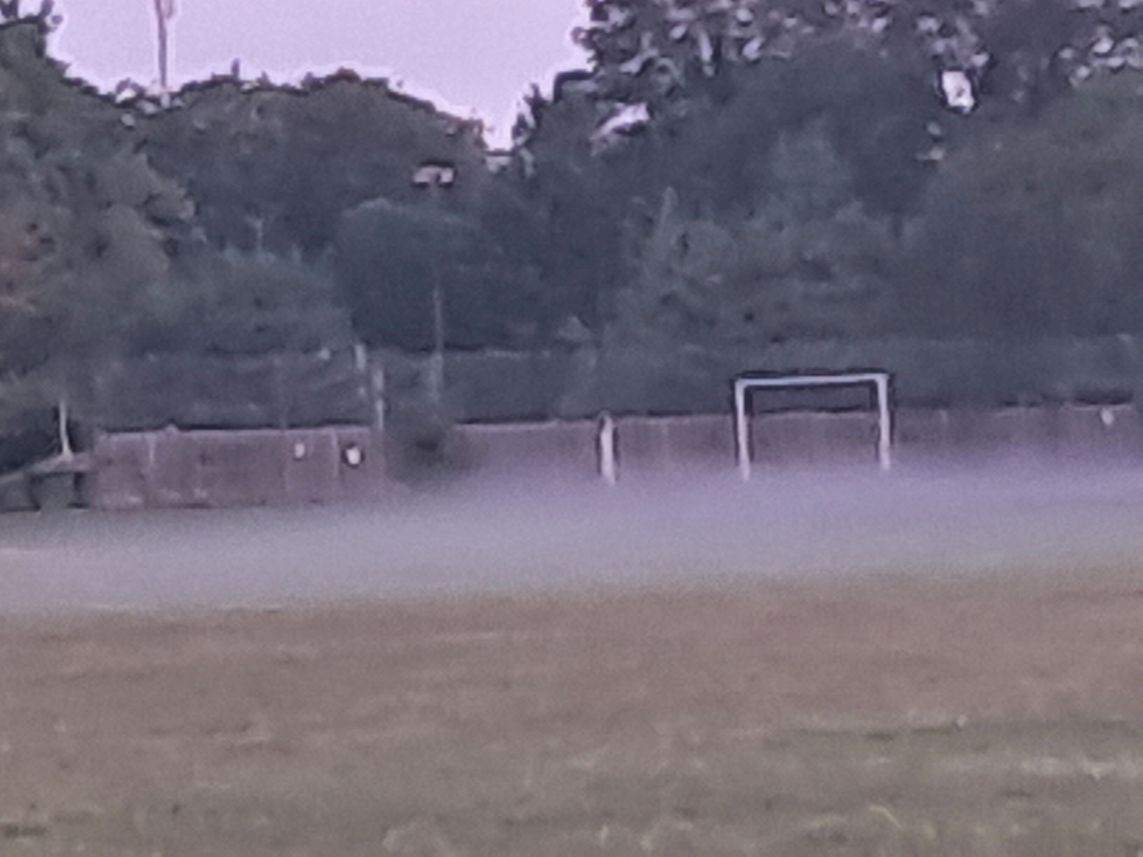 A sports field with a goalpost and a fence.