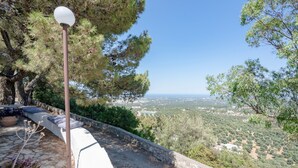 Un camino de piedra con un farol, rodeado de árboles y una vista de un paisaje lejano.