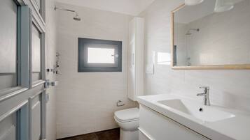 Regadera, secadora de cabello, toallas