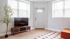 A living room with a TV on a wooden stand, a potted plant, and a patterned rug.