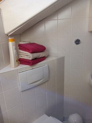 Een haardroger, handdoeken, zeep, toiletpapier