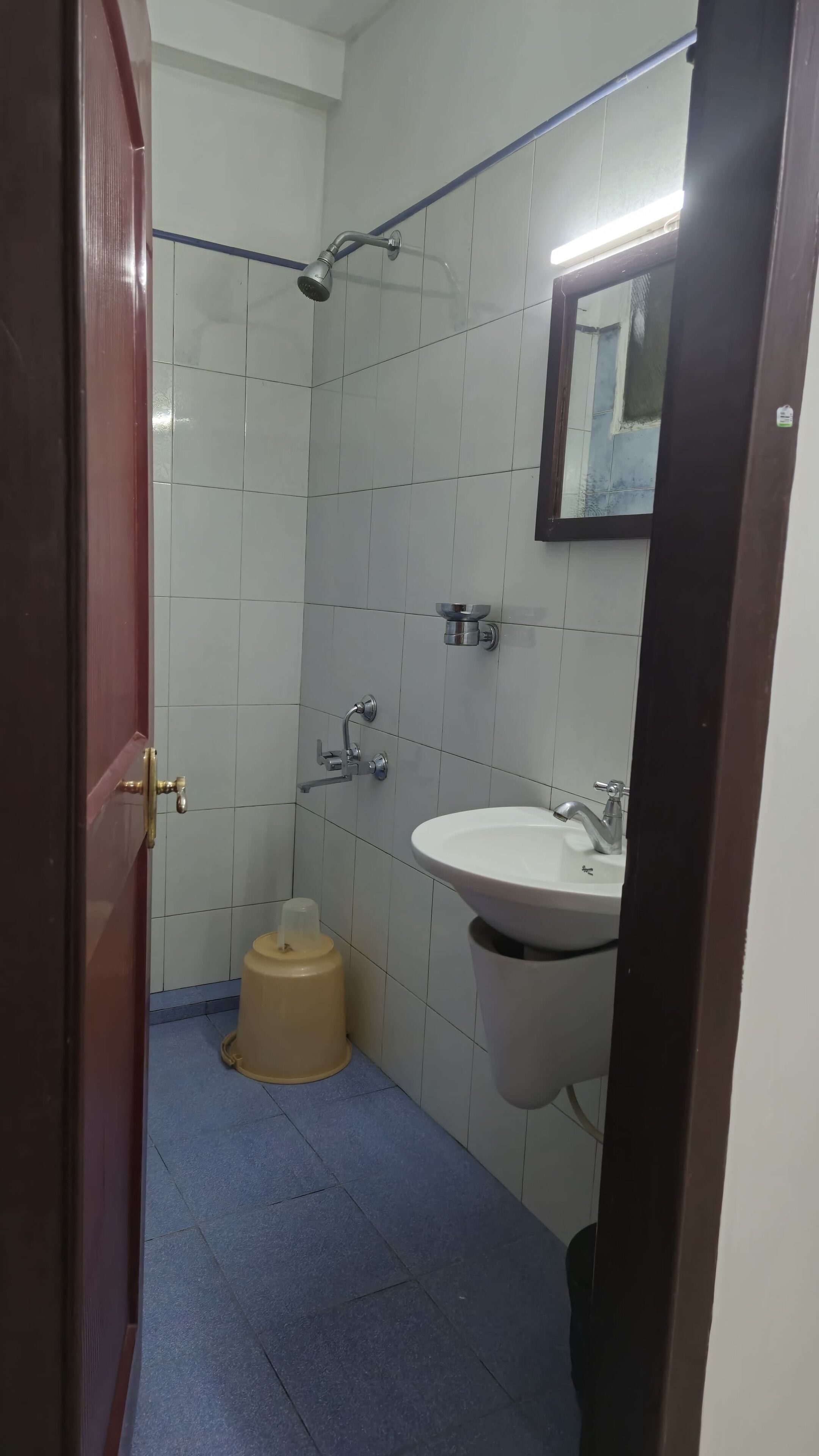 Une salle de bain avec un lavabo blanc, un miroir et une douche équipée d’un pommeau de douche à main.