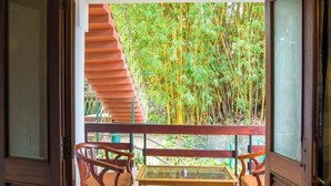 A room with a wooden floor, a glass table, and two wooden chairs. A red spiral staircase leads to an outdoor area with bamboo trees. - Harithagiri Hotel (Kalpetta)