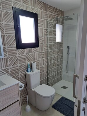 Shower, hair dryer, towels, soap